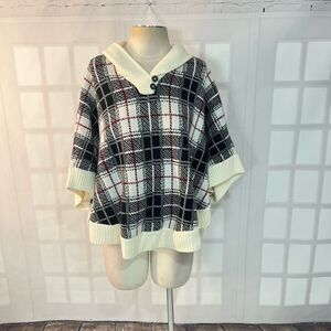 Talbots Multicolor Plaid Lapel Collar Knit Poncho Sweater Size Small